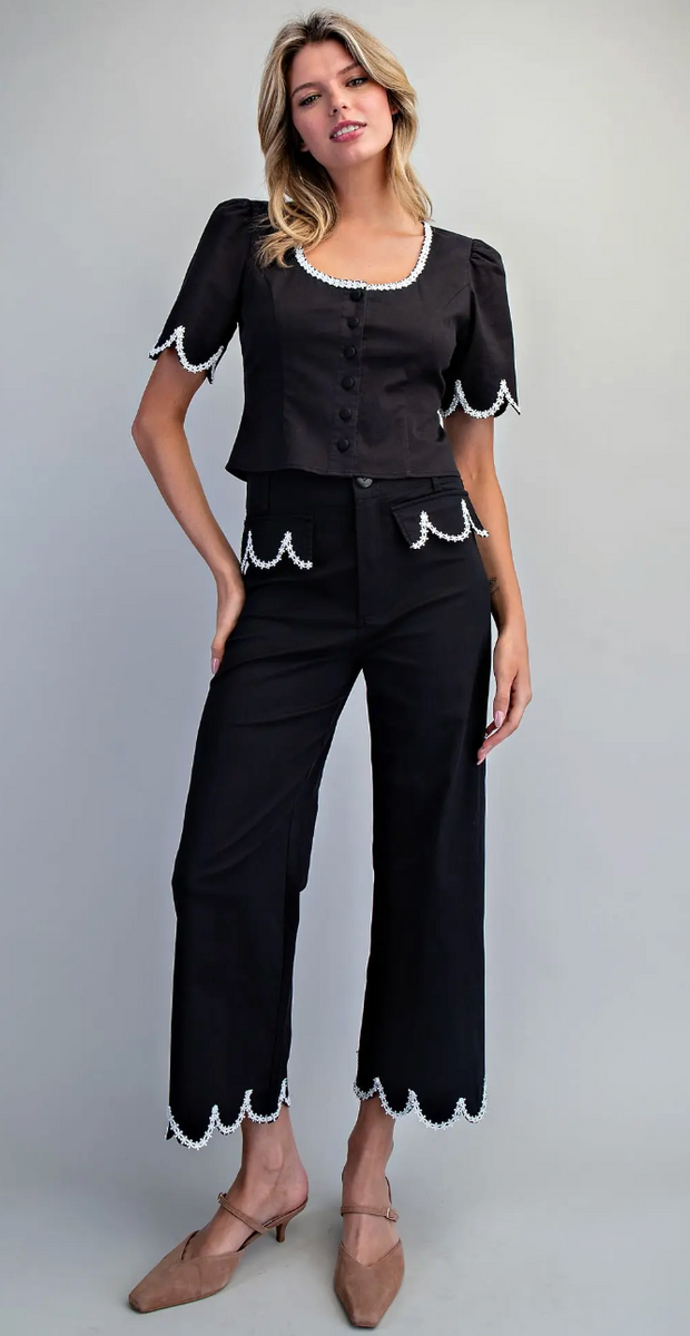 Black High Waisted Comfy Pants w/Scalloped White Trim - Slightly
